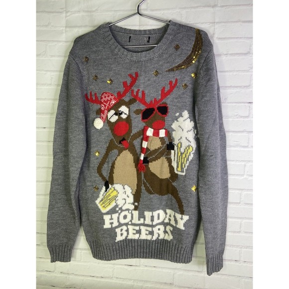 Reindeer Holiday Beers Christmas Ugly Sweater Gray Embellished Womens Size M - Picture 1 of 8